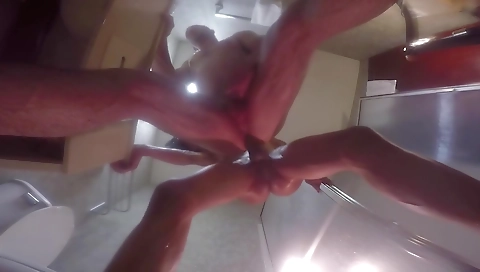 Bareback shemale gets fucked hard on the shower floor