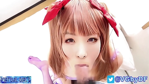 Busty Asian shemale fucks a big cock with her big tits