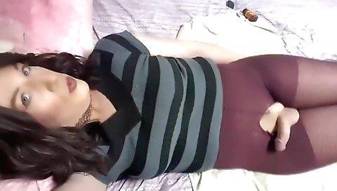 Sexy shemale gets off after long ride with her toy