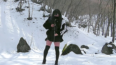 Naked asian brunette naked outdoors in the mountains